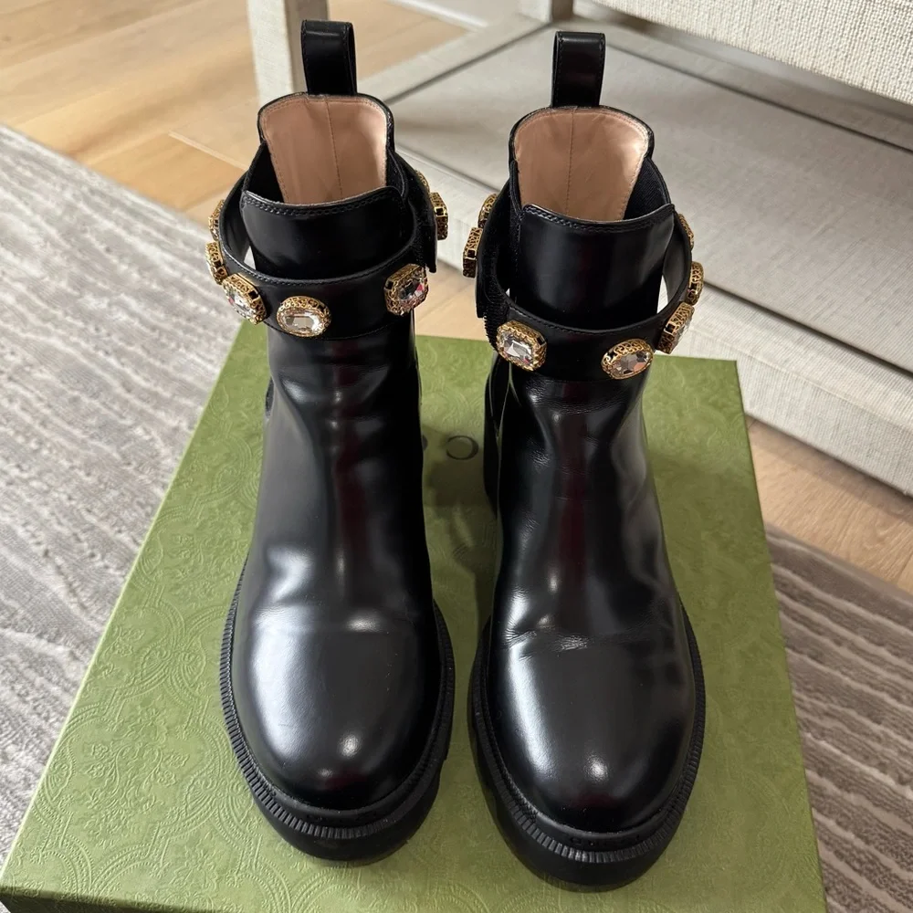 LIKE NEW Gucci Trip Embellished Block Heel Chelsea Boots, Size 38 - Picture 7 of 13